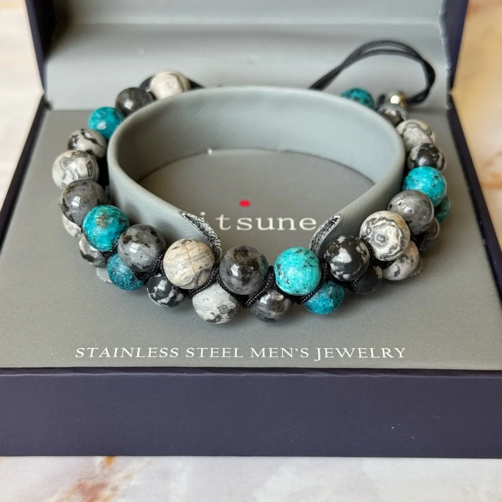 Maison Kitsune Bracelet Black Stainless Steel Stone Beads Boho Men's Jewelry